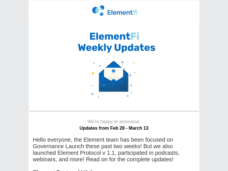Element Finance email from Tue, Mar 15, 2022