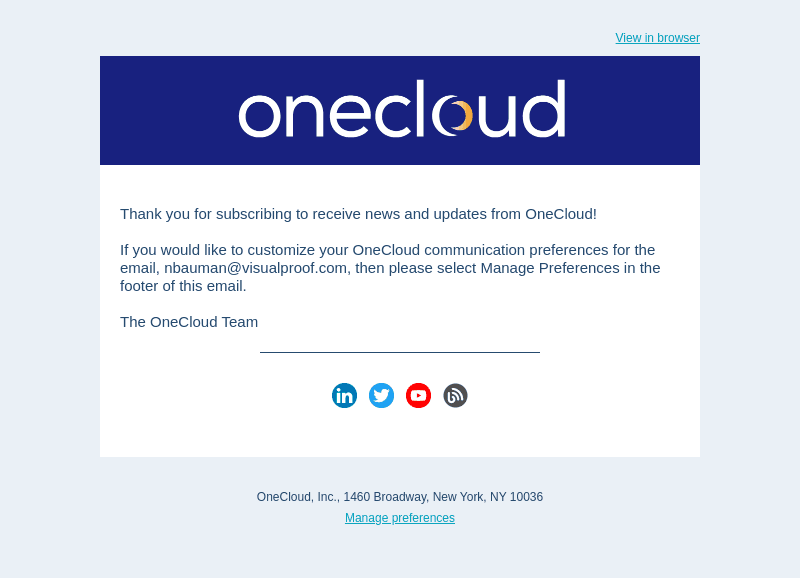 OneCloud, Inc email from Thu, Mar 17, 2022
