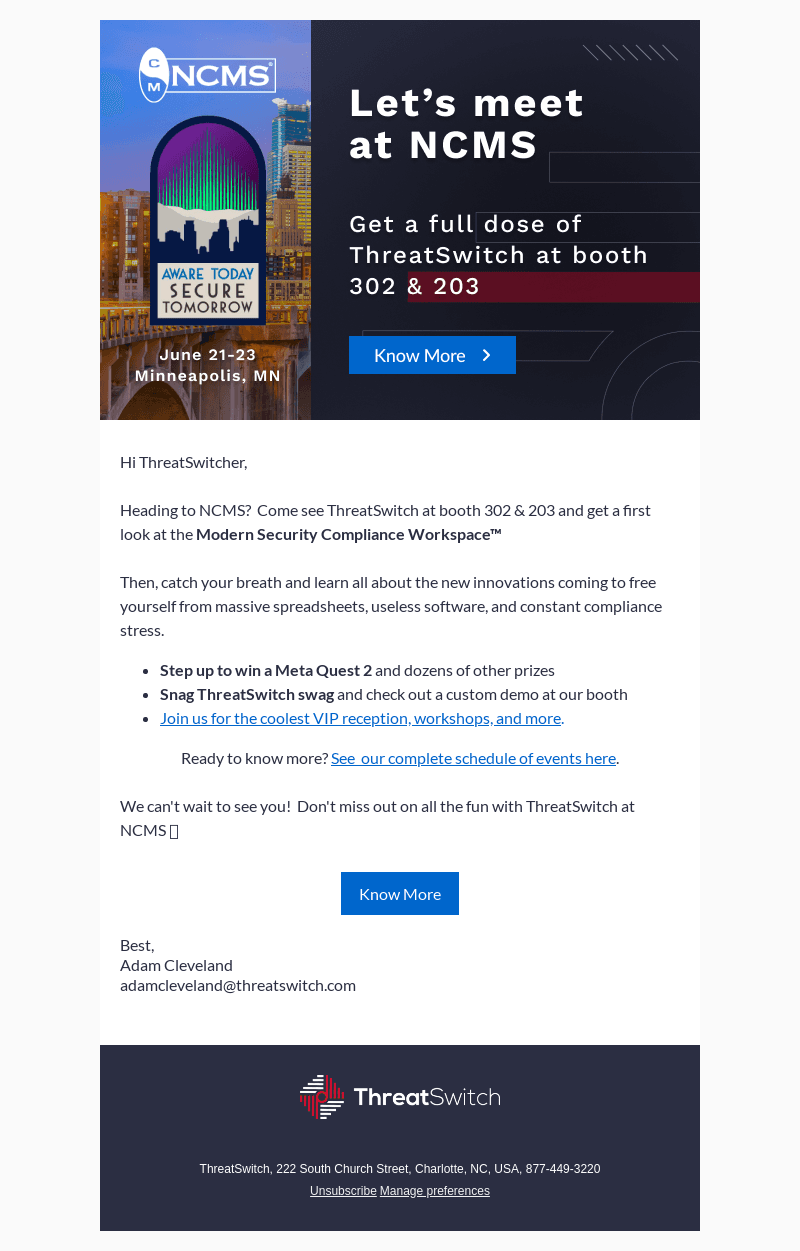 NCMS bound? Hang with ThreatSwitch at booth 302 & 203