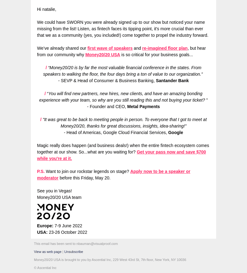 Money20/20 email from Tue, May 17, 2022
