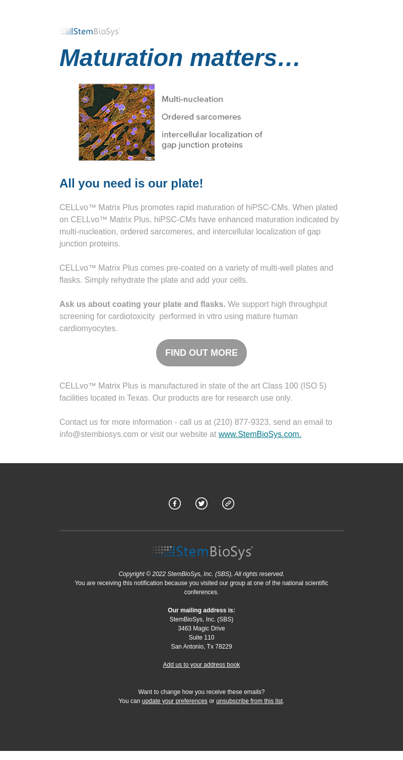 StemBioSys email from Fri, May 20, 2022