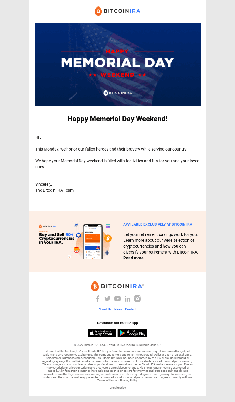 Bitcoin IRA email from Sat, May 28, 2022