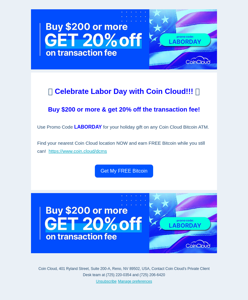 Coin Cloud email from Fri, Sep 2, 2022