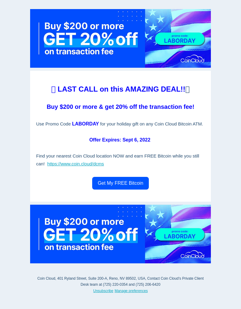 Coin Cloud email from Sun, Sep 4, 2022