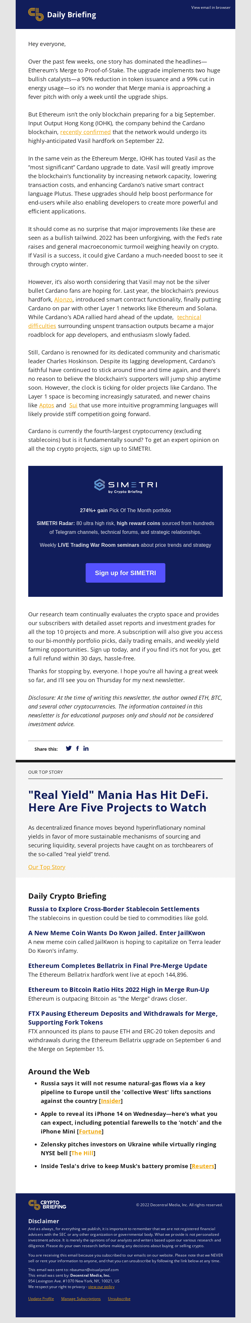 Daily Briefing: Cardano fork confirmed