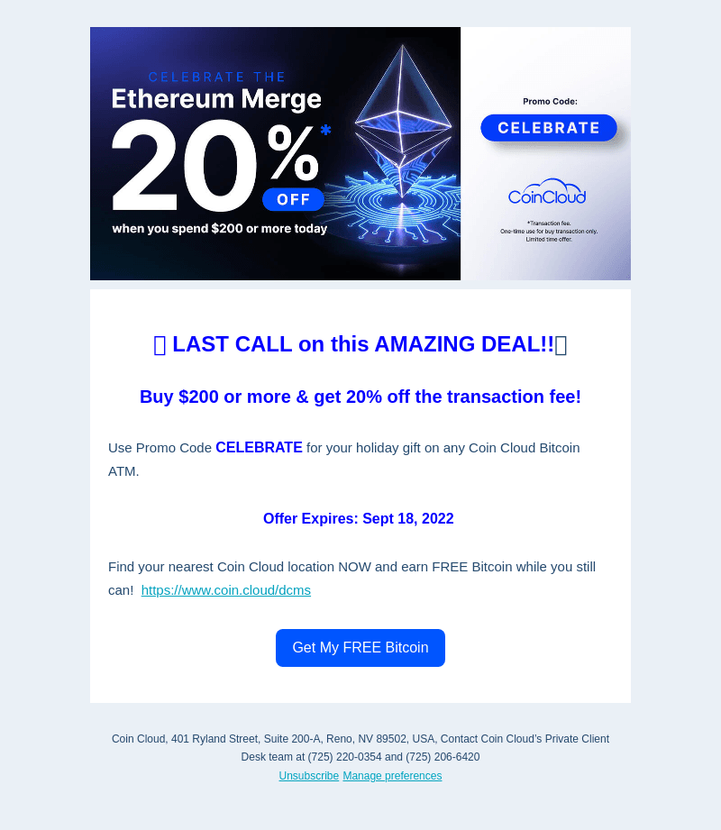 Coin Cloud email from Fri, Sep 16, 2022
