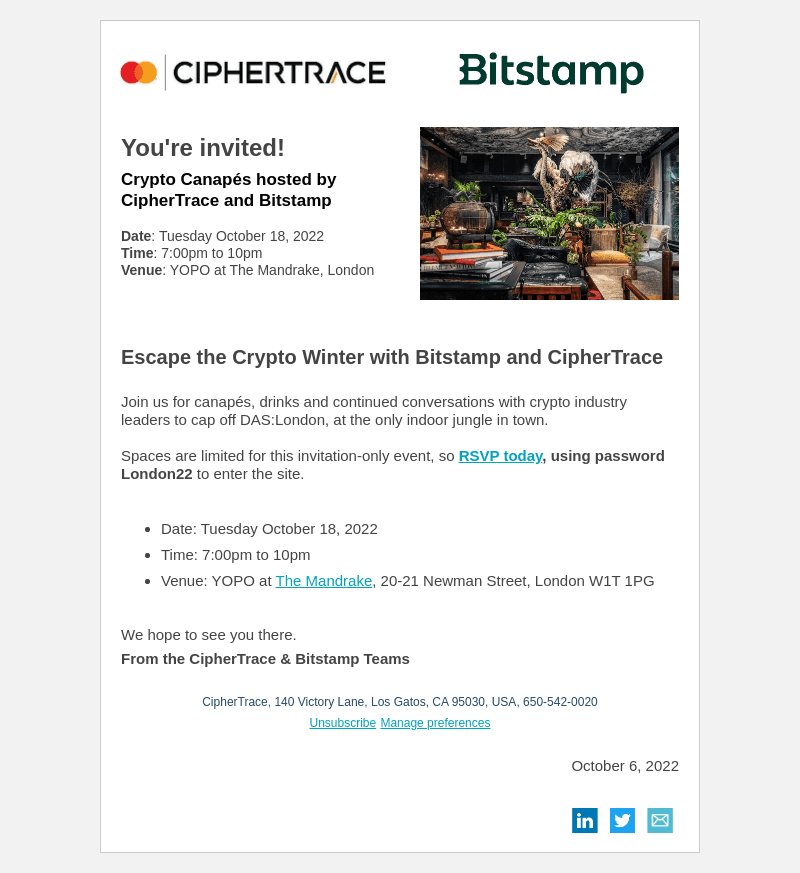 CipherTrace email from Thu, Oct 6, 2022