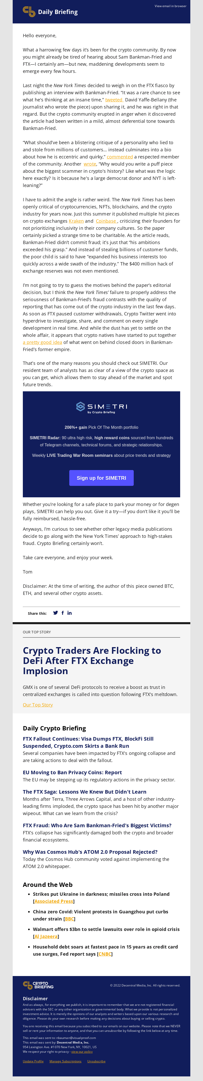 Daily Briefing: NYT Interviews SBF