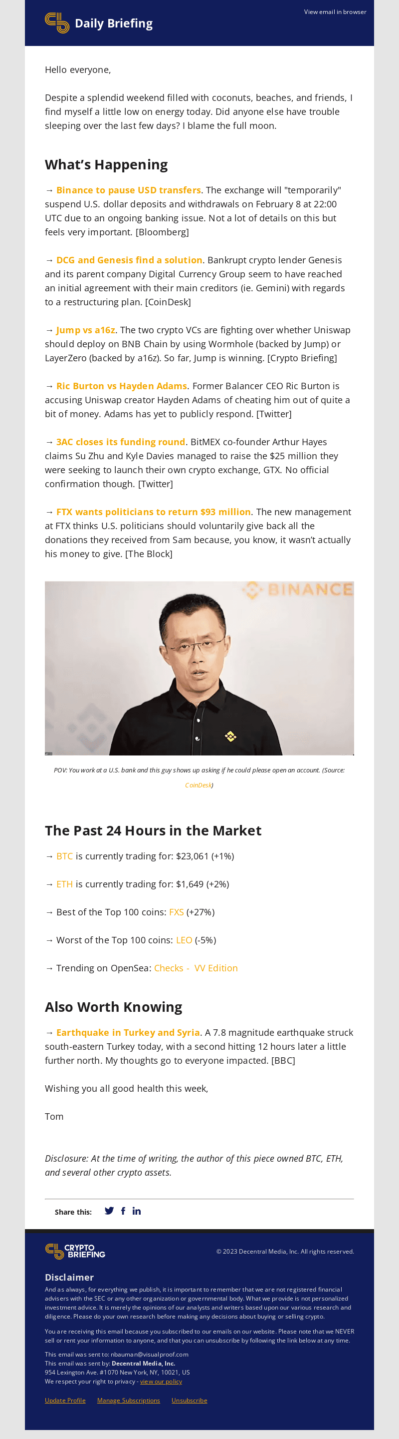 Daily Briefing: Binance pauses USD transfers