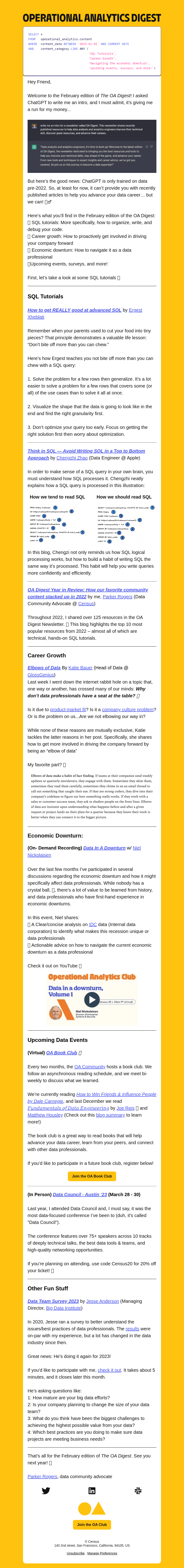 Friend, Here's your Operational Analytics Digest, February edition!