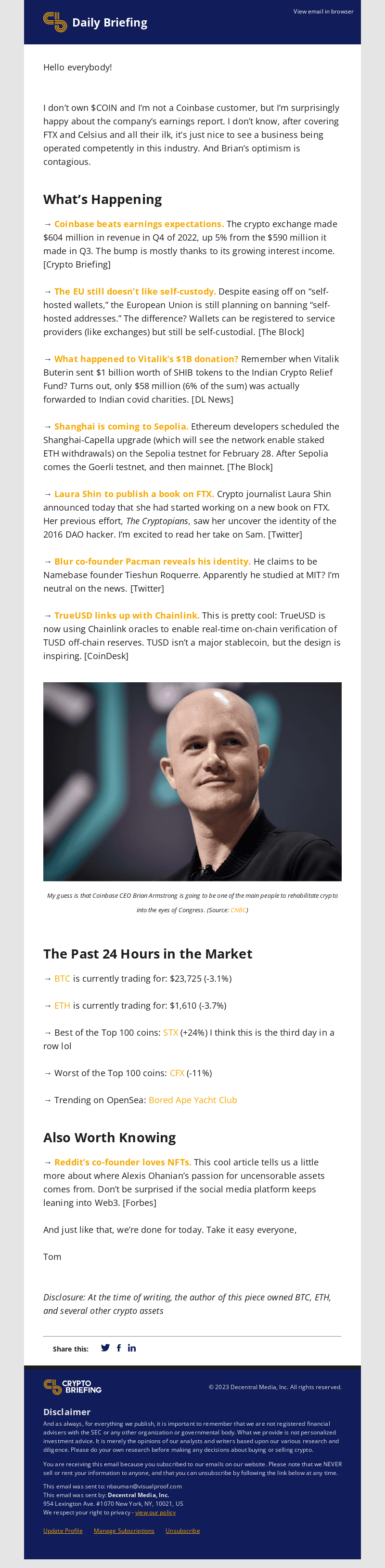 Daily Briefing: Coinbase beats earnings expectations