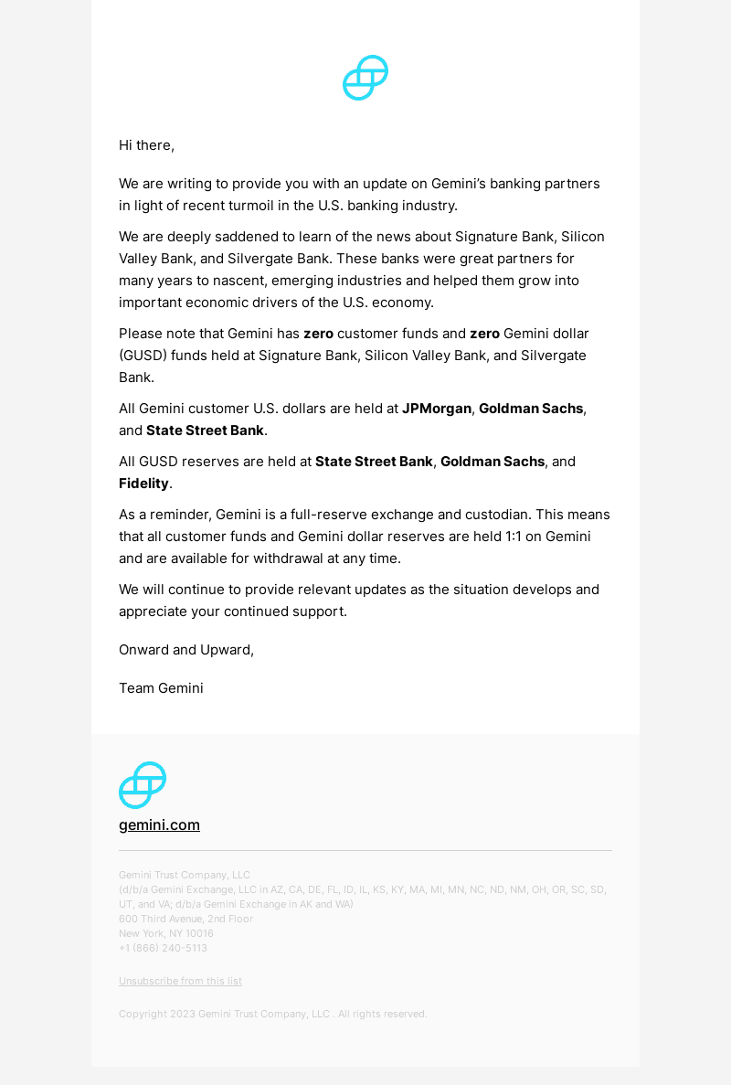 An Update on Gemini’s Banking Partners