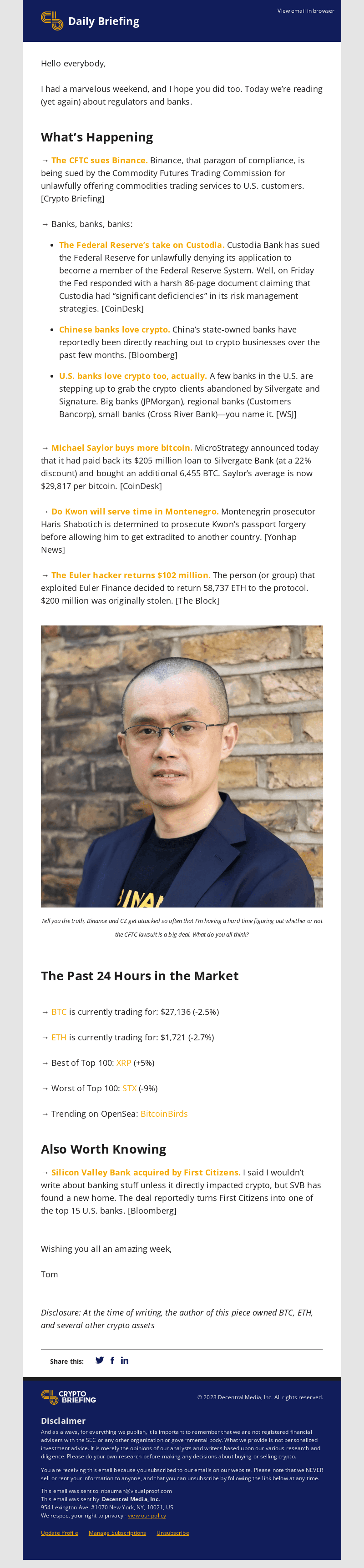 Daily Briefing: The CFTC sues Binance