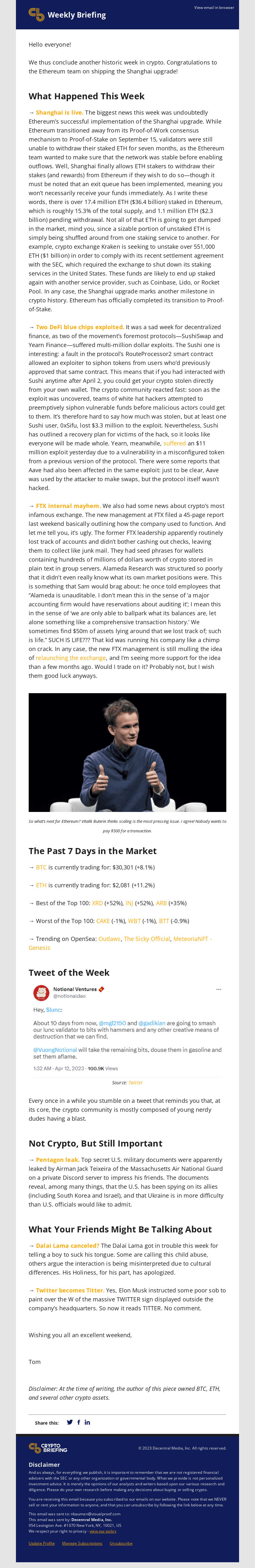 Weekly Debrief: Ethereum enables staking withdrawals