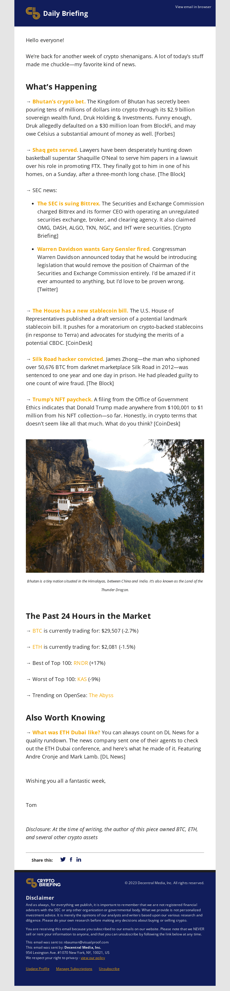 Daily Briefing: Bhutan’s crypto bet