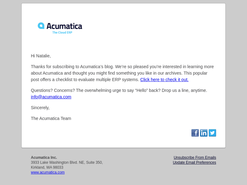 Hello from Acumatica! Thanks for inviting us to your inbox