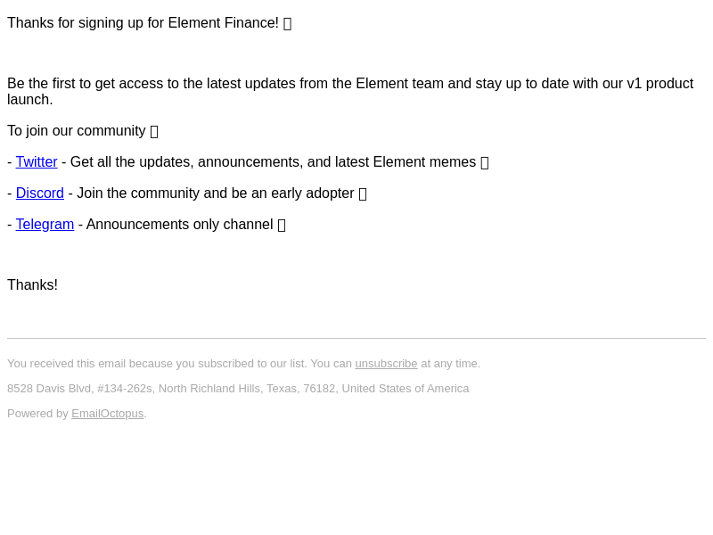 Element Finance email from Mon, May 15, 2023
