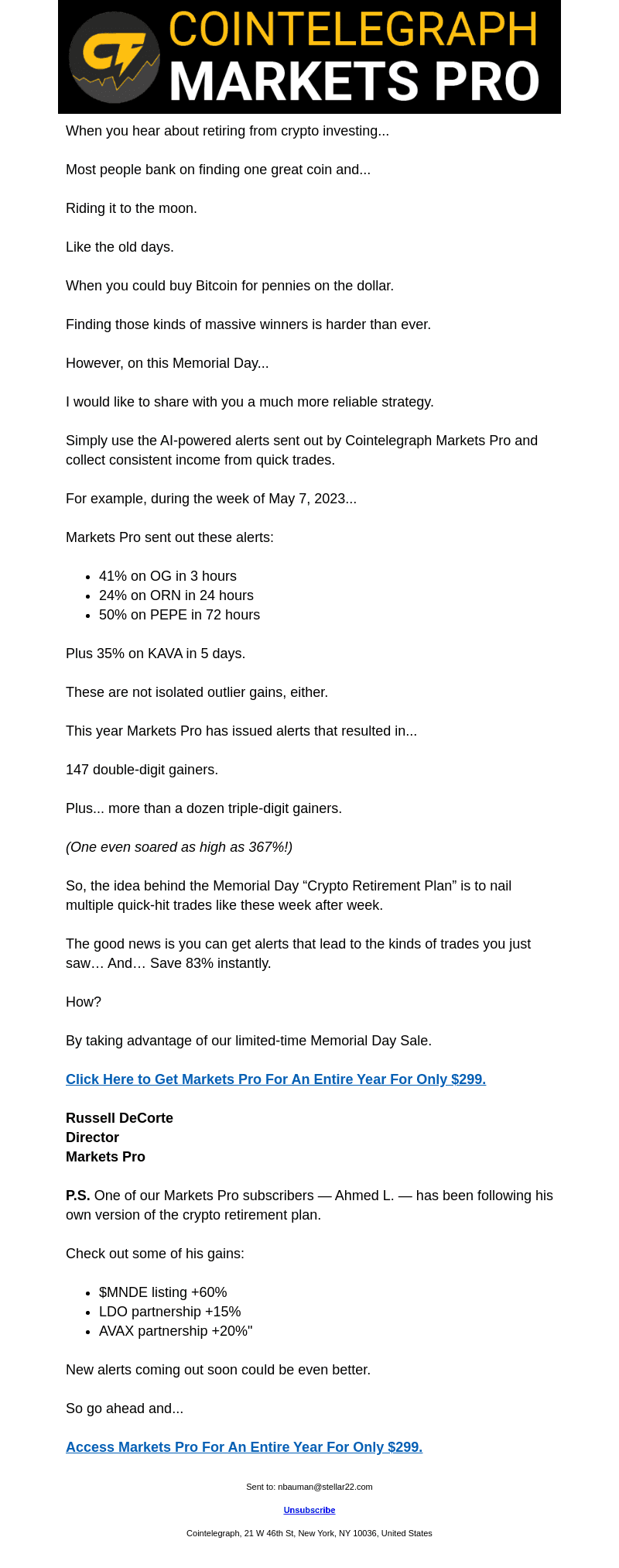 Cointelegraph email from Tue, May 23, 2023