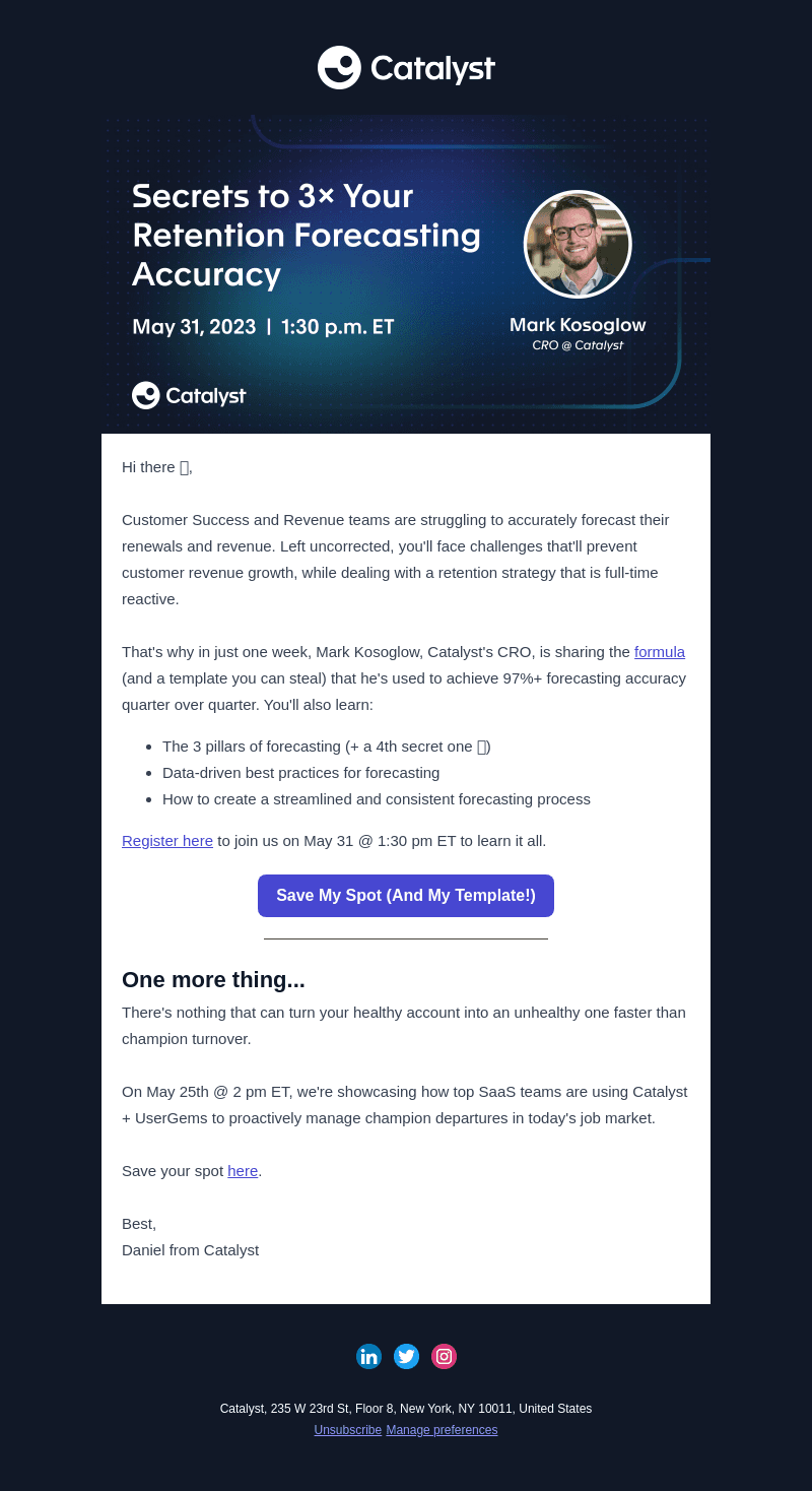 Catalyst Software email from Wed, May 24, 2023