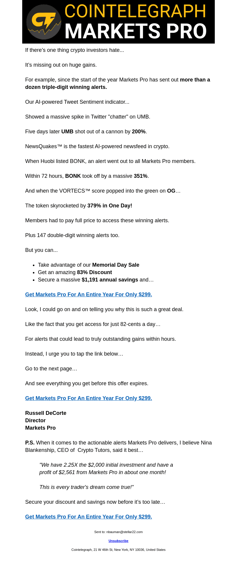 Cointelegraph email from Wed, May 24, 2023