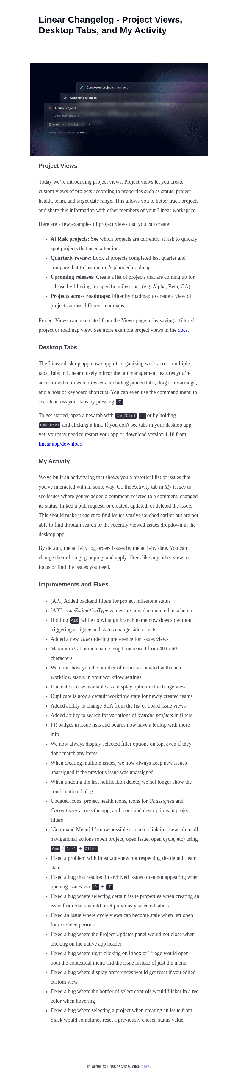 Linear Changelog - Project Views, Desktop Tabs, and My Activity