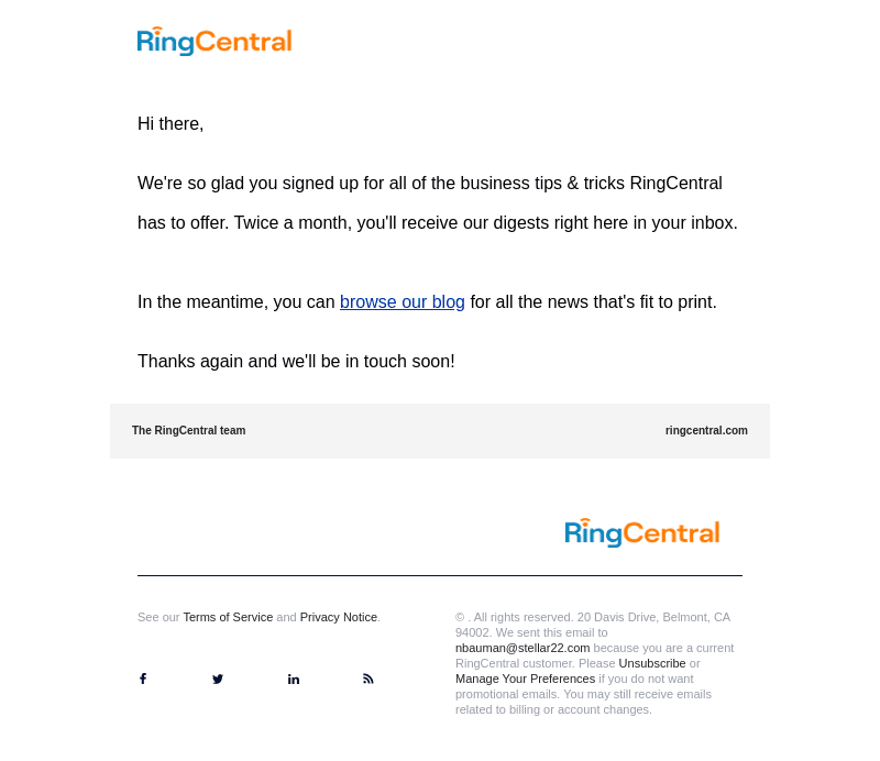 Ring Central email from Wed, Jun 21, 2023