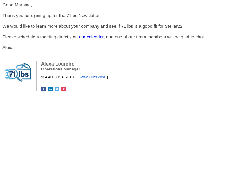 Signed up for 71lbs Newsletter - Welcome!