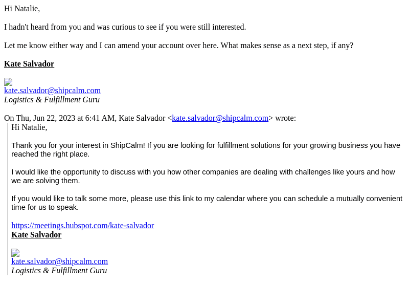 Thank you for contacting ShipCalm! Let's connect!