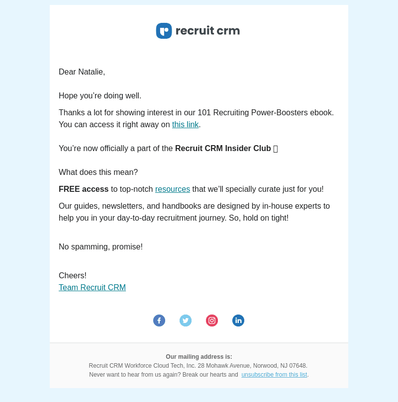 Recruit CRM email from Mon, Jun 26, 2023