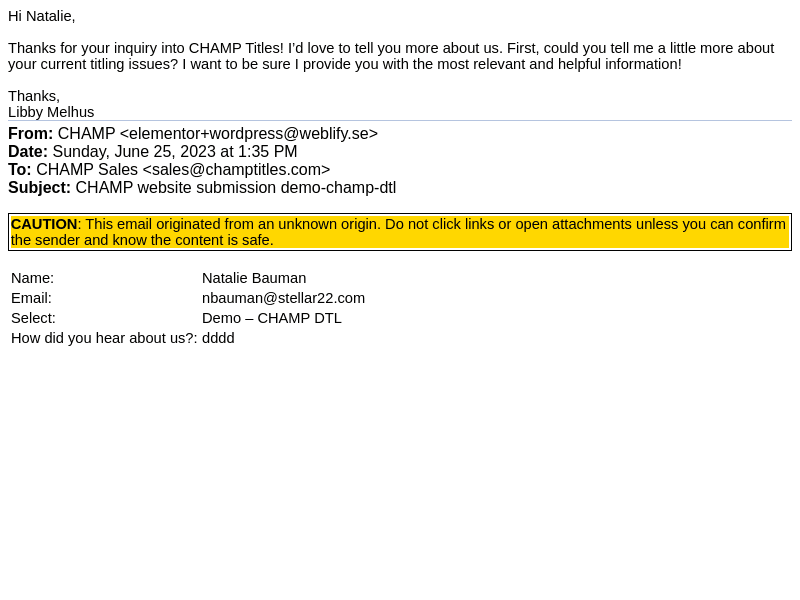 CHAMPtitles email from Mon, Jun 26, 2023