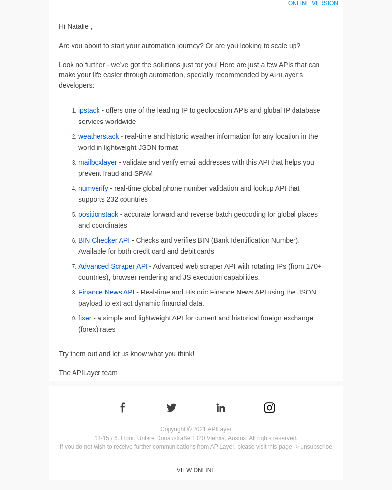 APILayer email from Wed, Jun 28, 2023