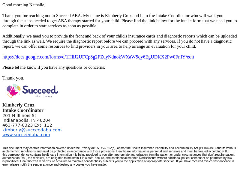 Succeed ABA Therapy email from Mon, Jul 3, 2023
