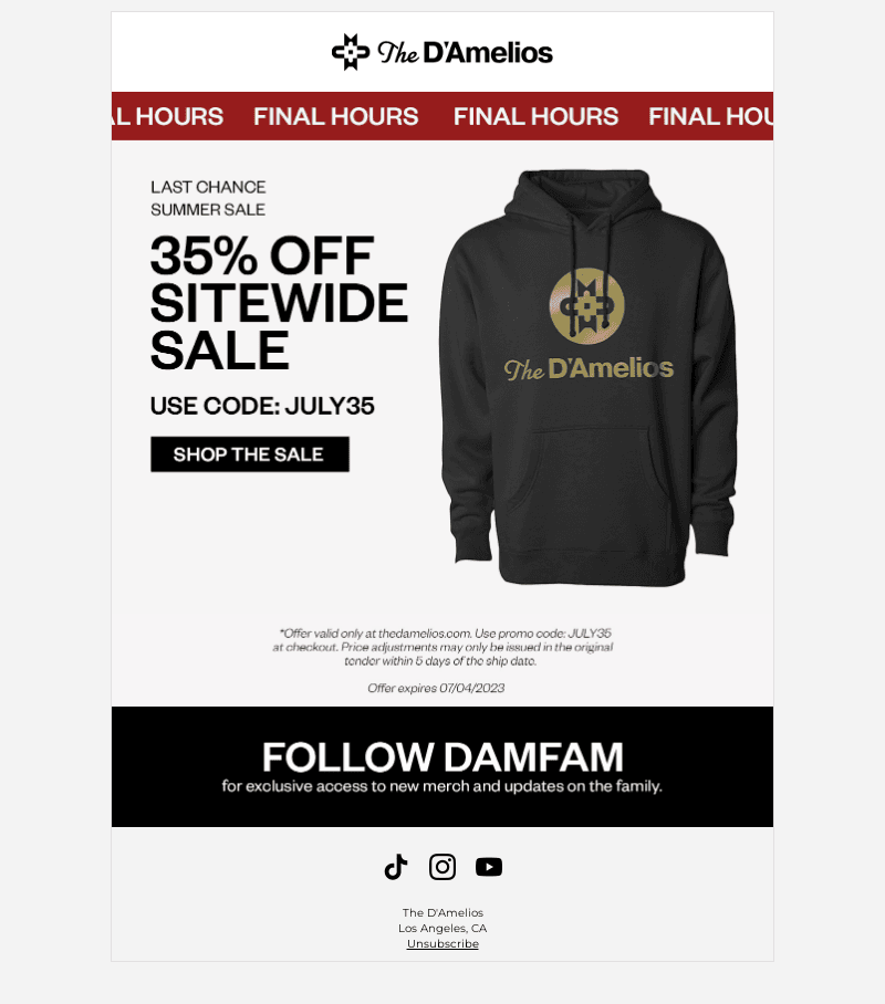 D'Amelio Brands email from Tue, Jul 4, 2023