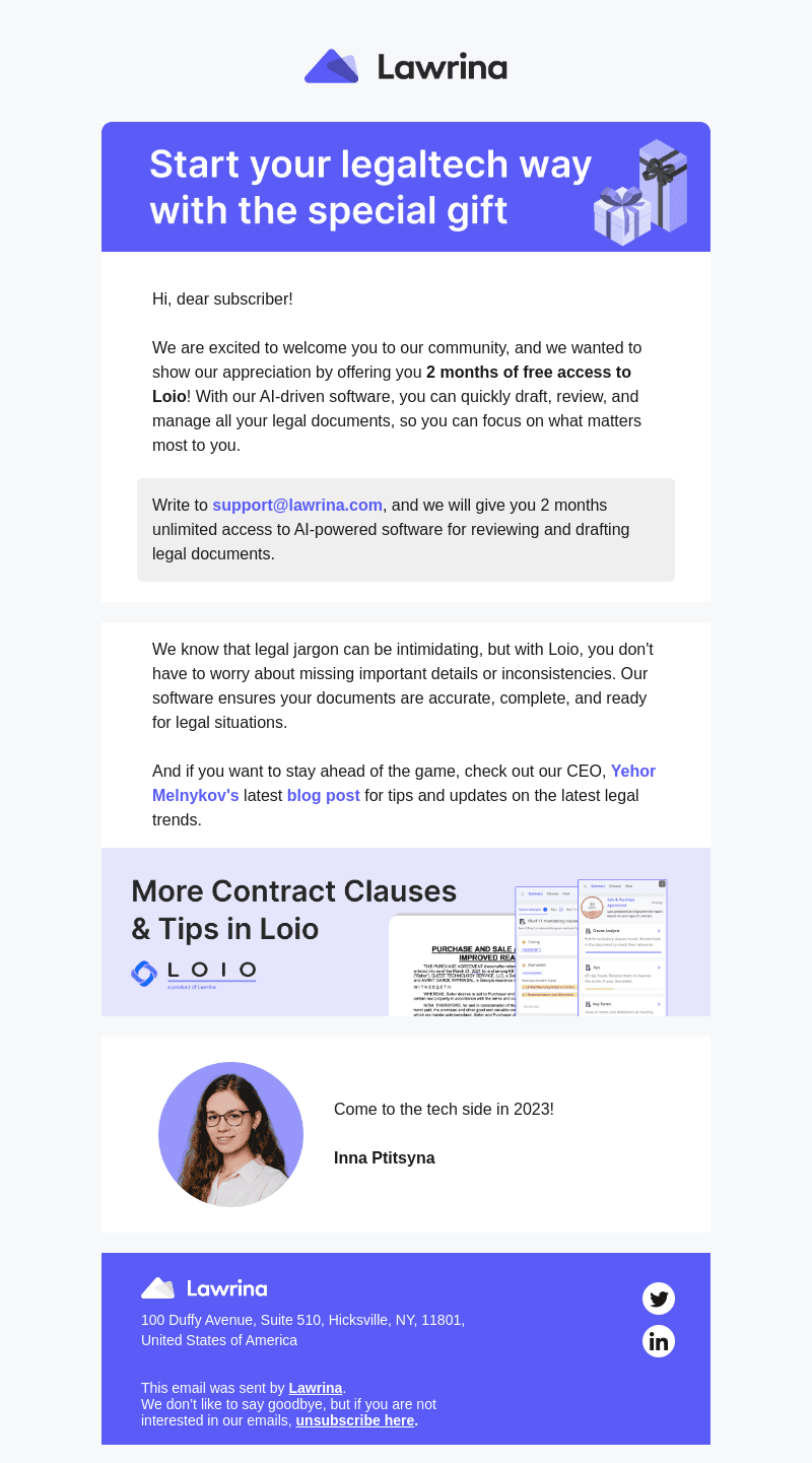 Lawrina email from Wed, Jul 5, 2023