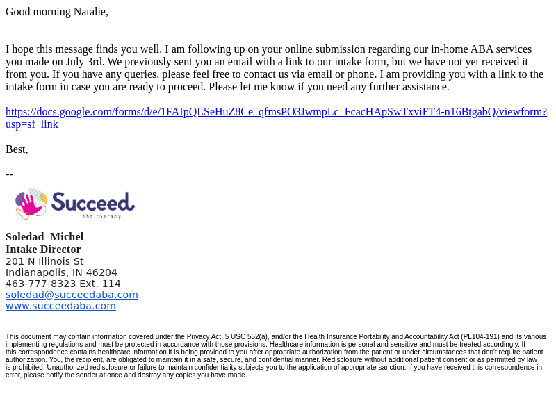 Succeed ABA Therapy email from Mon, Jul 10, 2023