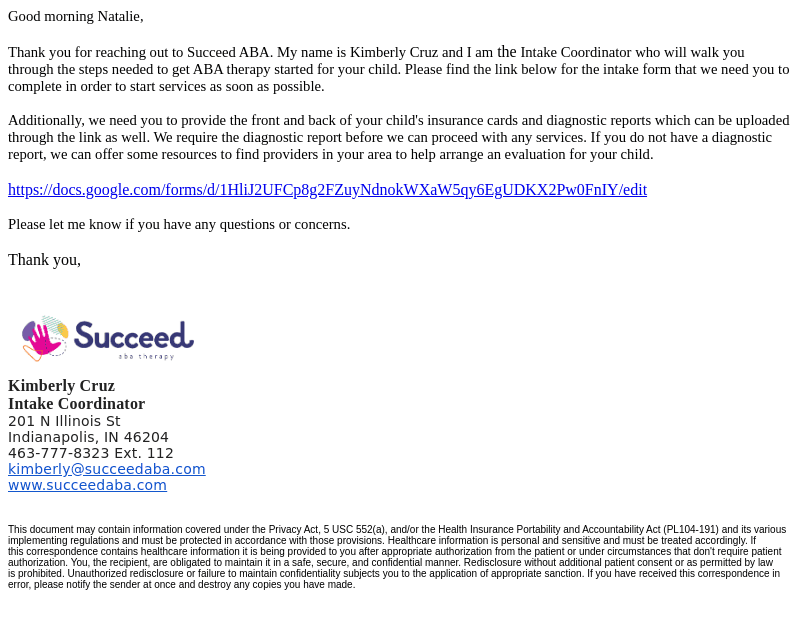 Succeed ABA Therapy email from Mon, Jul 17, 2023