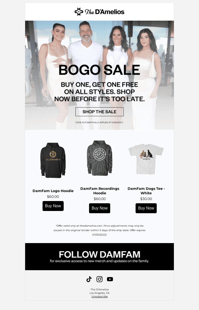 D'Amelio Brands email from Mon, Jul 24, 2023