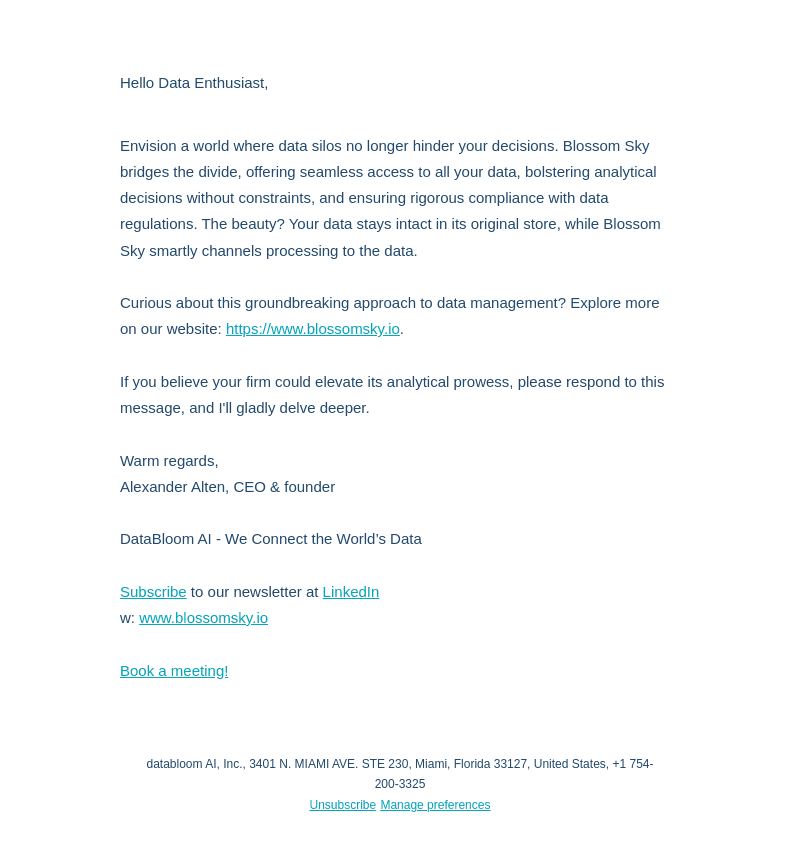 Databloom AI email from Tue, Aug 15, 2023