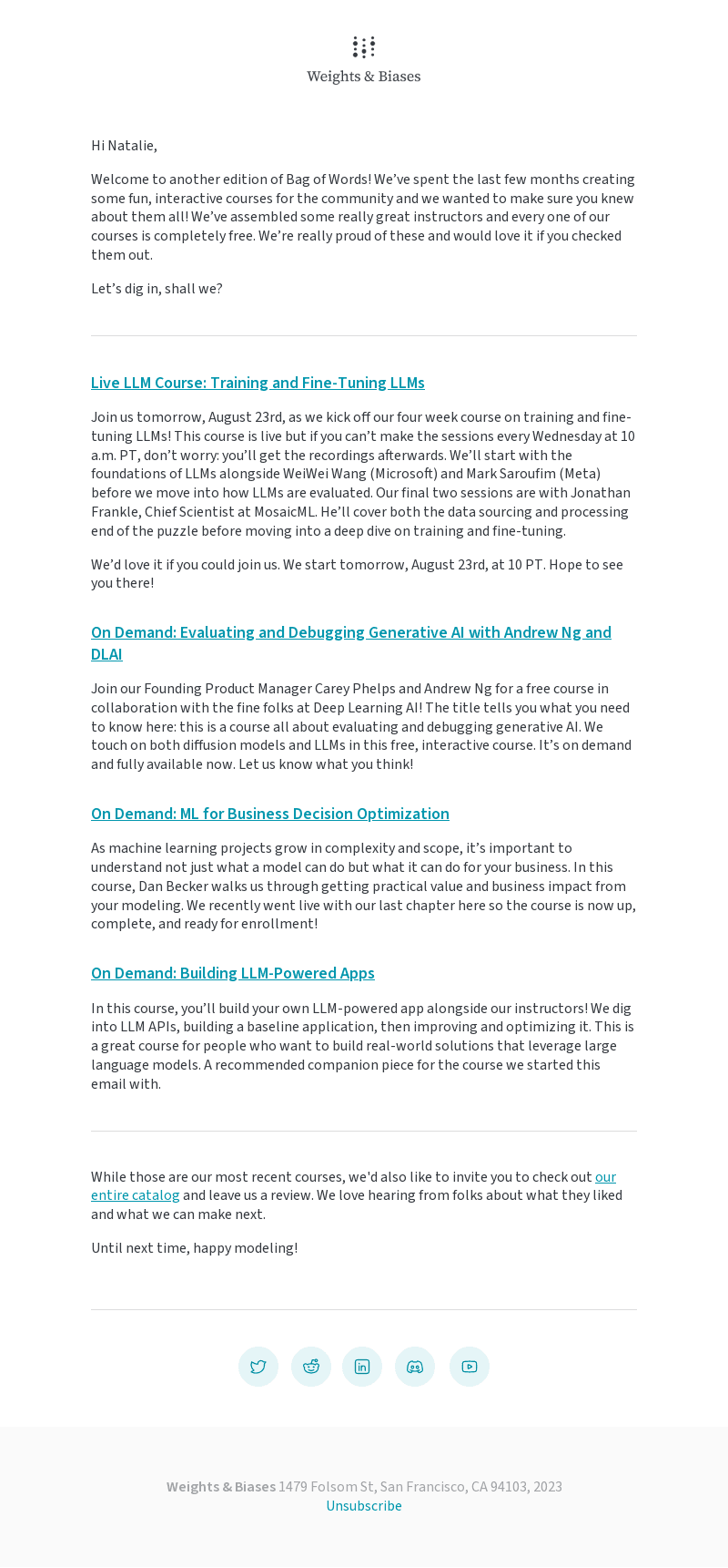 Weights & Biases email from Tue, Aug 22, 2023