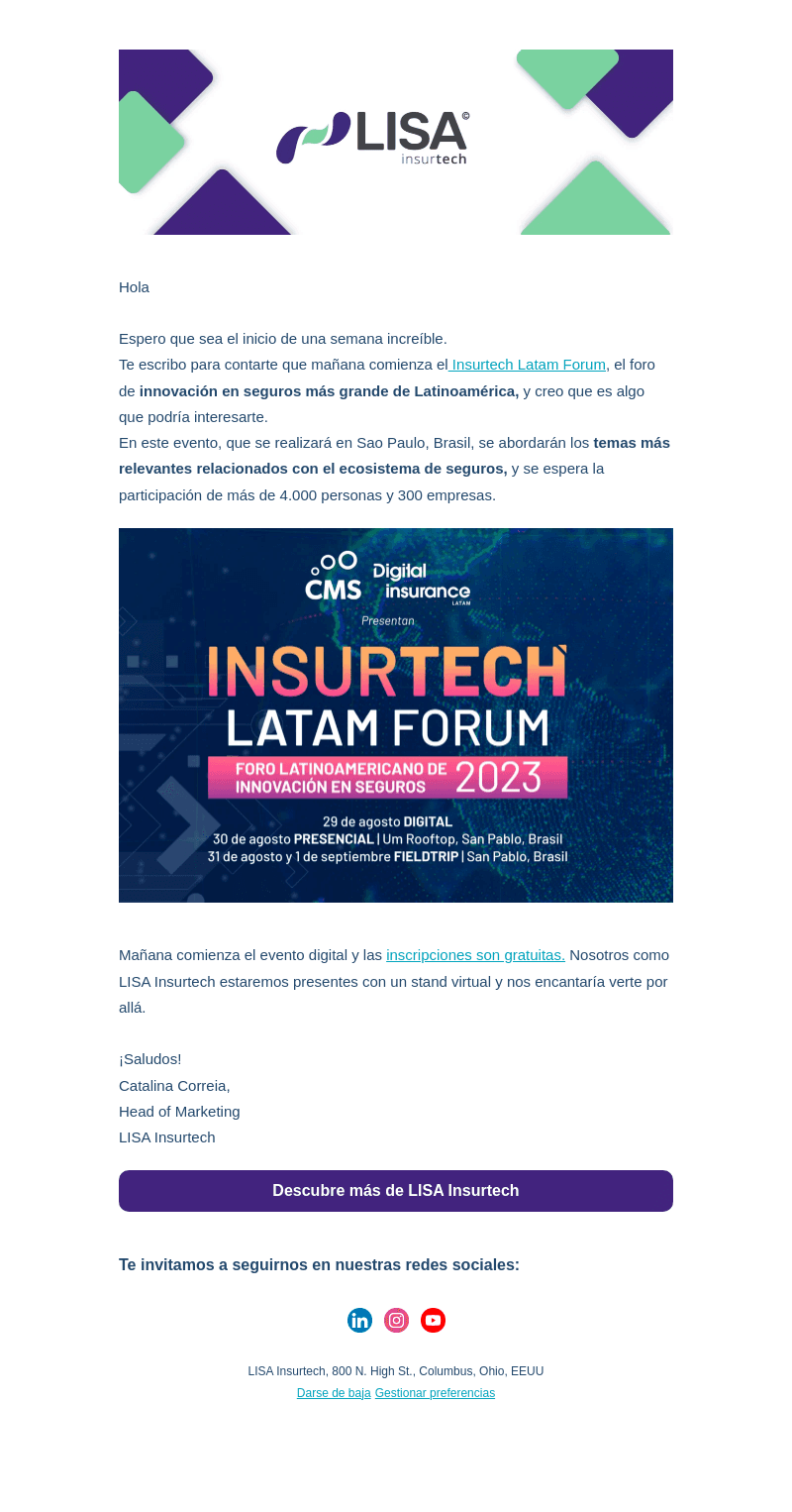 LISA Insurtech email from Mon, Aug 28, 2023