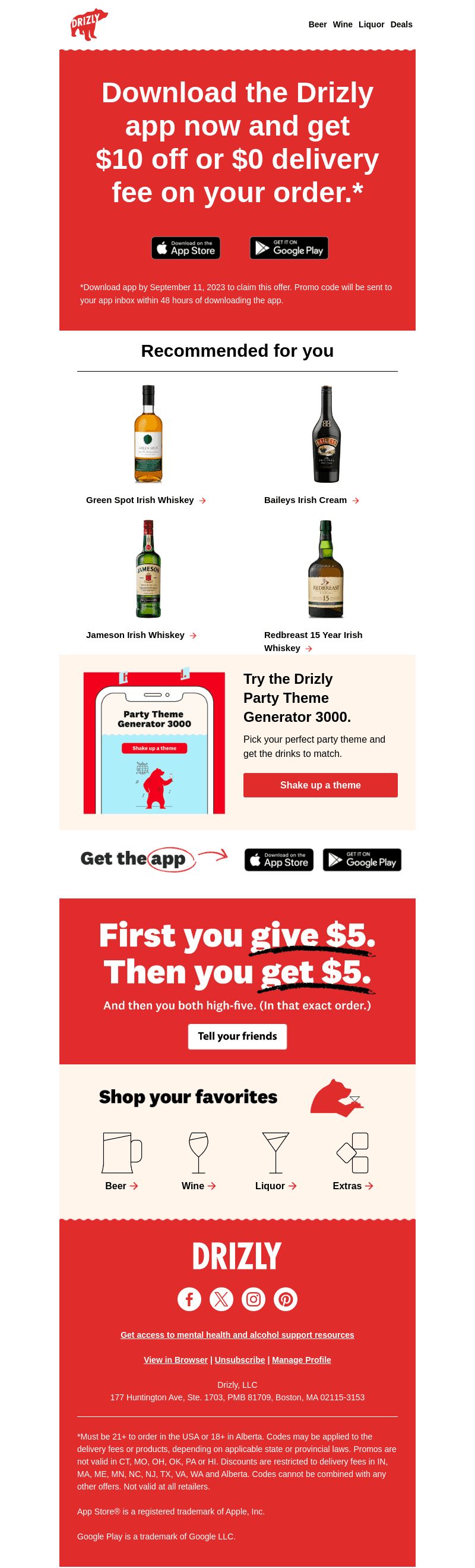 Drizly email from Mon, Sep 4, 2023