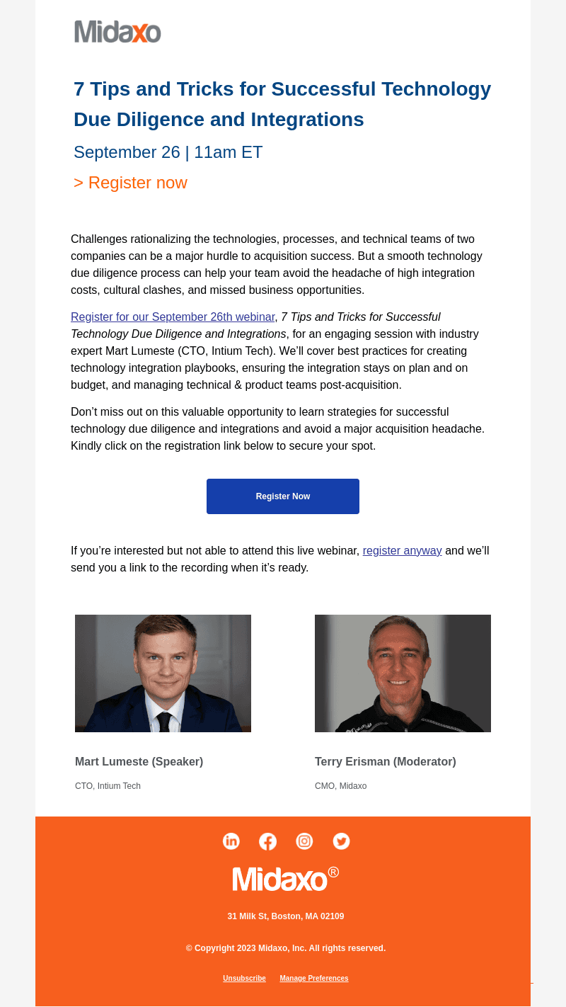 Live webinar 9/26 — 7 Tips & Tricks for Technology Due Diligence and Integrations