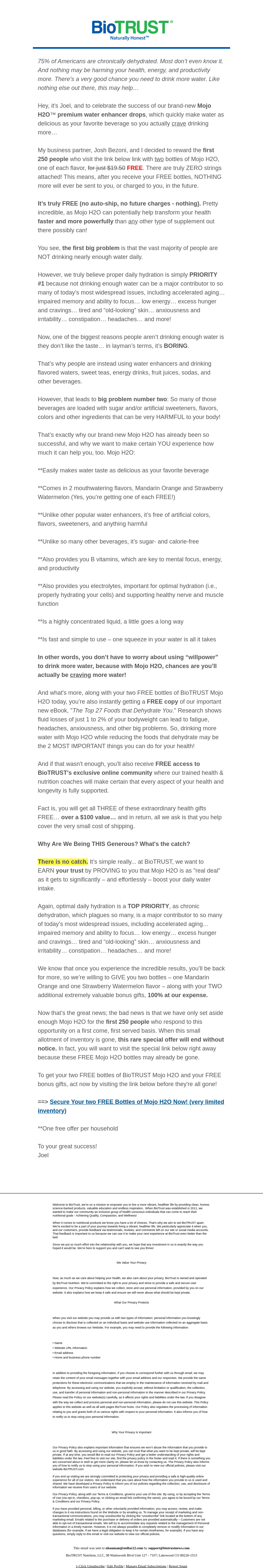Re: Your FREE Mojo H2O Order (info needed to ship)