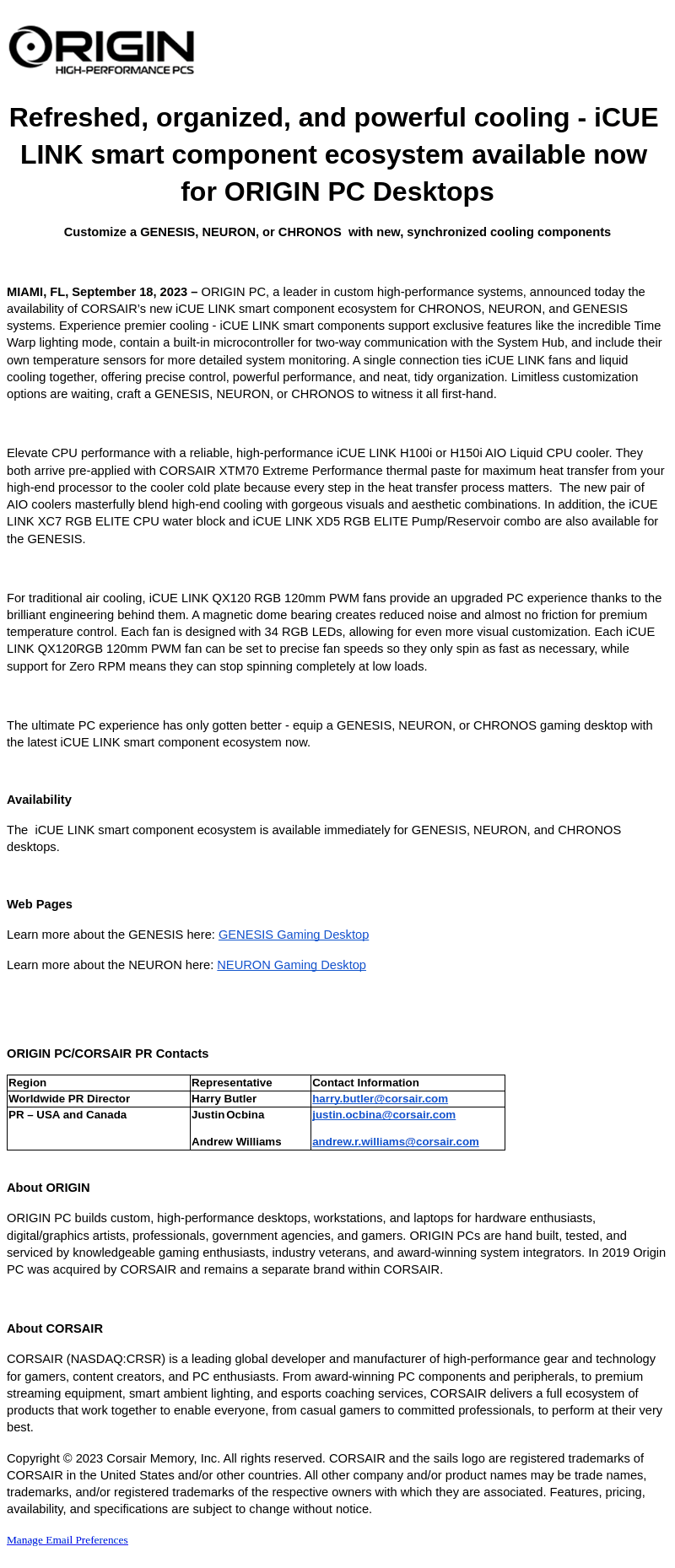 MEDIA ALERT: iCUE LINK smart component ecosystem available now for ORIGIN PC Desktops