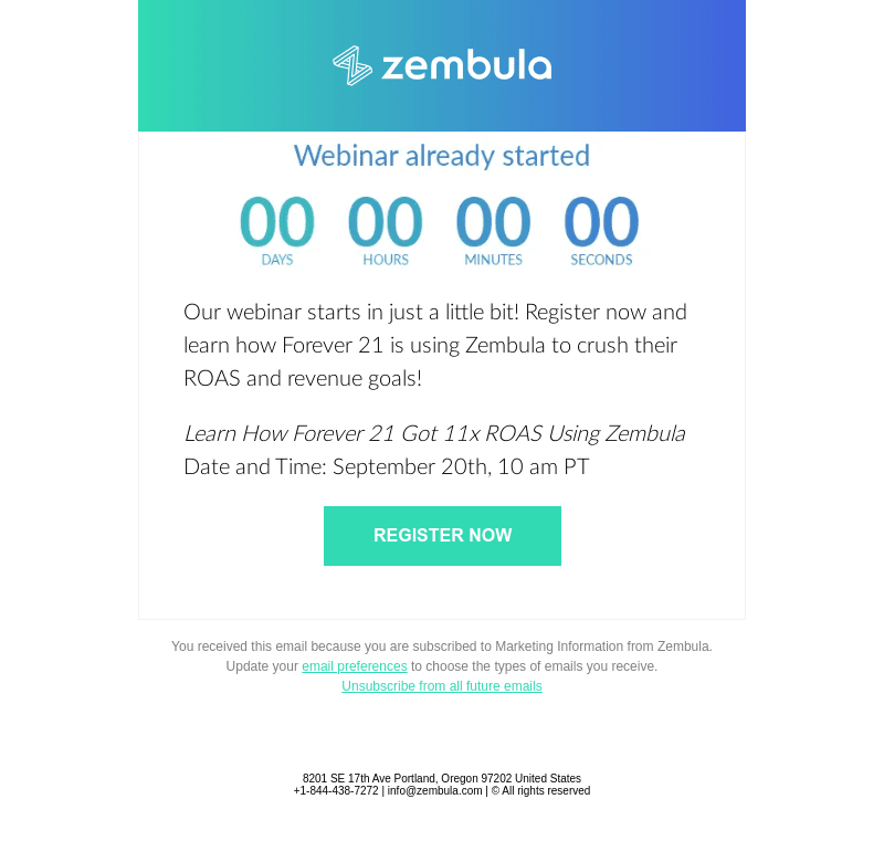 Webinar today! ‘Learn How Forever 21 Got 11x ROAS Using Zembula'