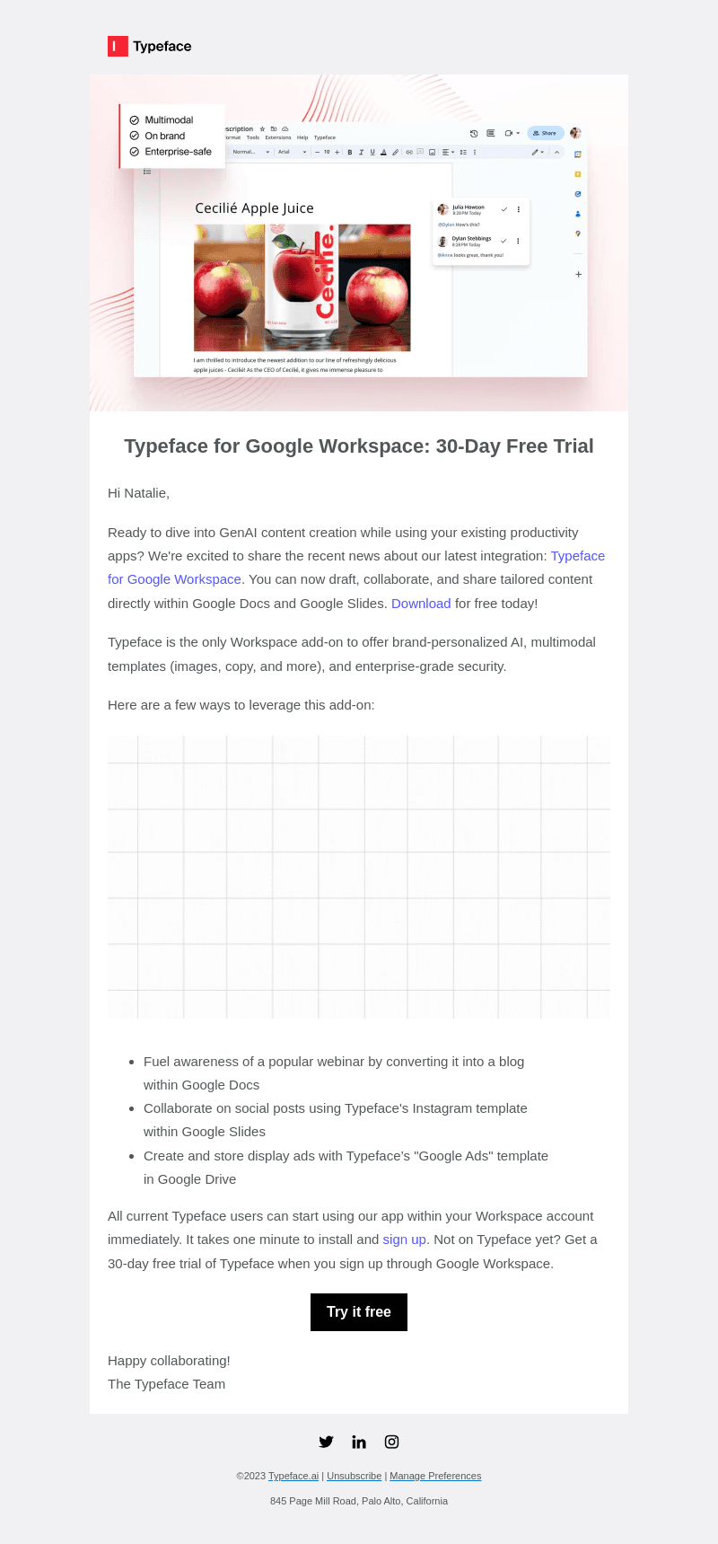 Try Typeface for free in Google Workspace for on-brand AI-generated content