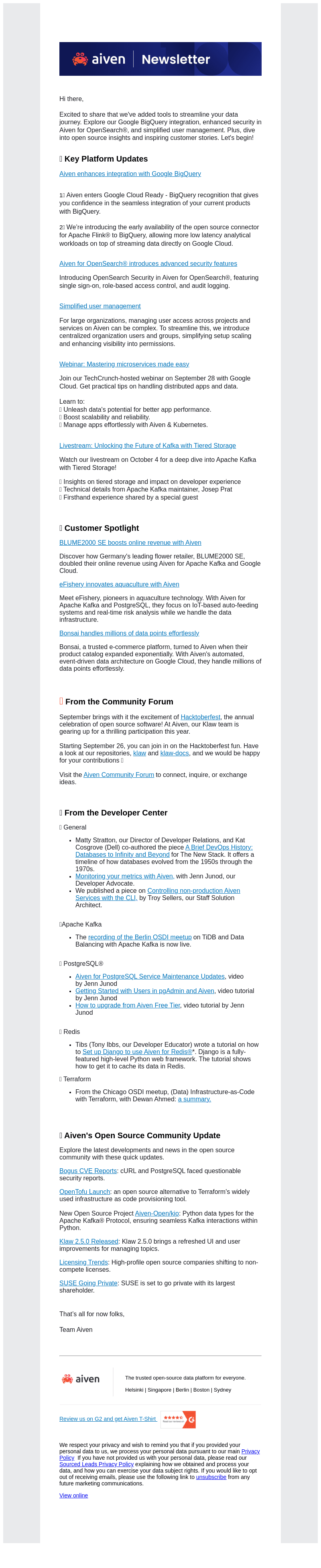 New Aiven features: Google BigQuery integration, OpenSearch enhanced security, and more!
