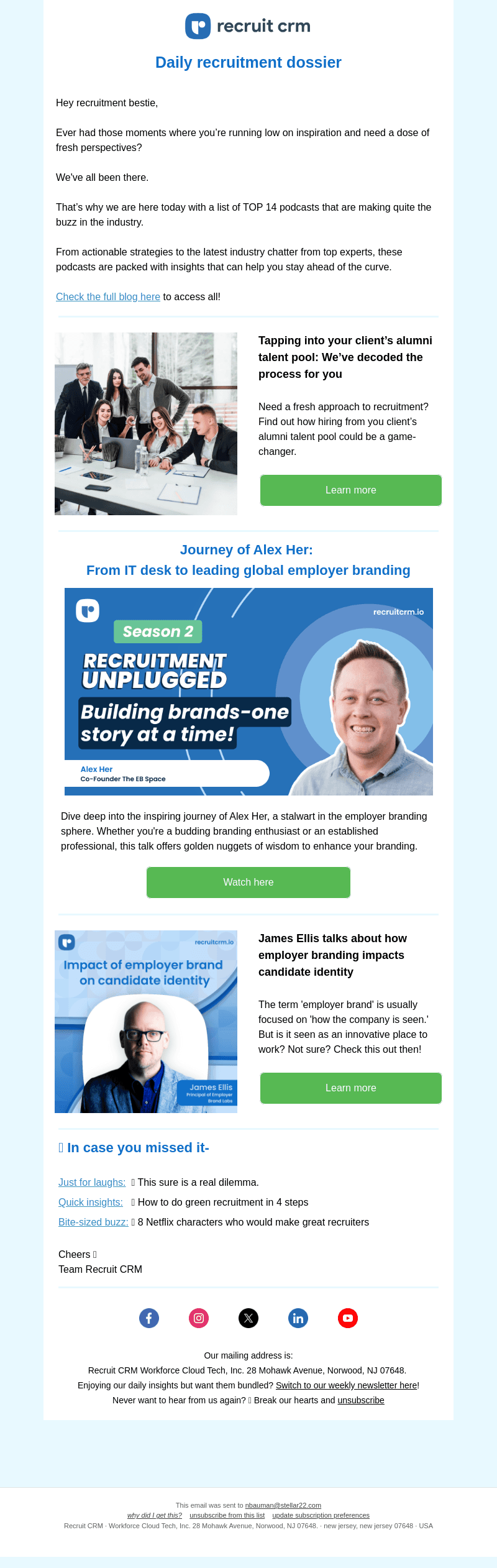Recruit CRM email from Mon, Oct 23, 2023