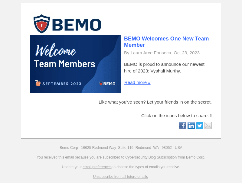 BEMO Welcomes One New Team Member