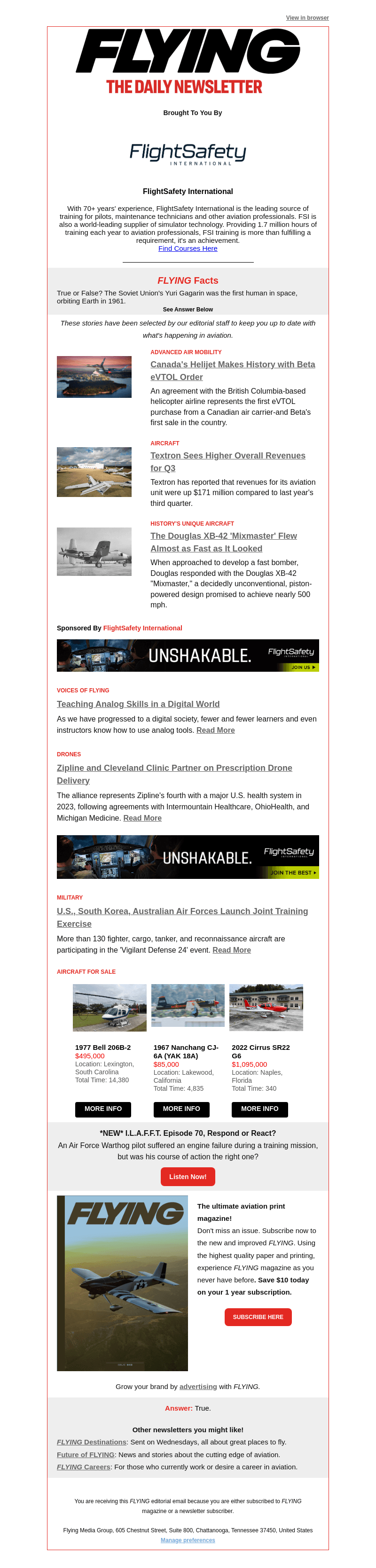 Flying Magazine email from Wed, Nov 1, 2023